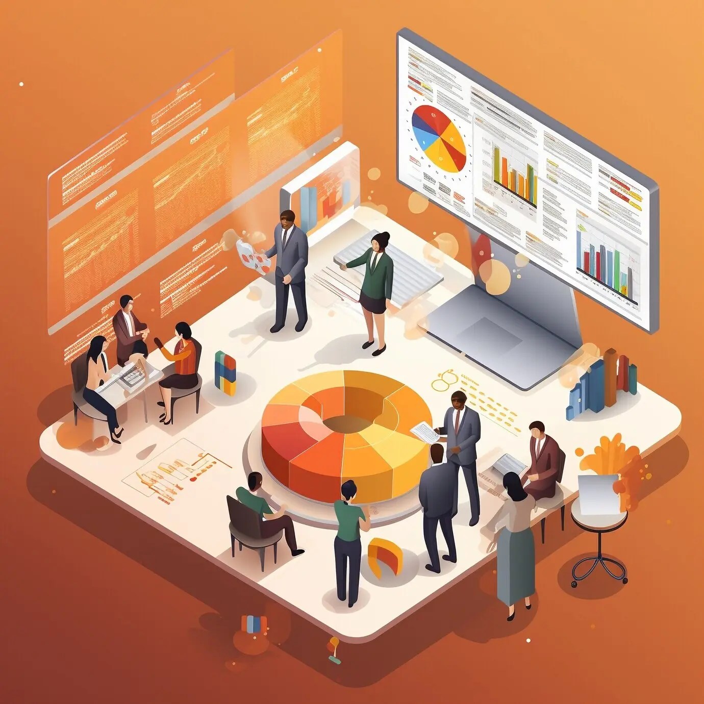 Разные люди, одновременно выполняющие несколько задач, в 3D‑мультяшной сцене.